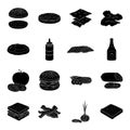 Rolls, cutlets, cheese, ketchup, salad, and other elements. Burgers and ingredients set collection icons in black style