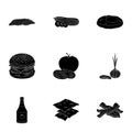 Rolls, cutlets, cheese, ketchup, salad, and other elements. Burgers and ingredients set collection icons in black style