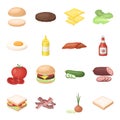 Rolls, cutlets, cheese, ketchup, salad, and other elements. Burgers and ingredients set collection icons in cartoon