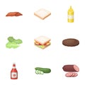 Rolls, cutlets, cheese, ketchup, salad, and other elements. Burgers and ingredients set collection icons in cartoon