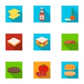 Rolls, cutlets, cheese, ketchup, salad, and other elements. Burgers and ingredients set collection icons in flat style