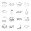 Rolls, cutlets, cheese, ketchup, salad, and other elements. Burgers and ingredients set collection icons in line style