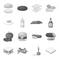 Rolls, cutlets, cheese, ketchup, salad, and other elements. Burgers and ingredients set collection icons in monochrome