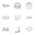 Rolls, cutlets, cheese, ketchup, salad, and other elements. Burgers and ingredients set collection icons in outline