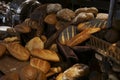 Many rolls of different breads in the bakery restaurant Royalty Free Stock Photo