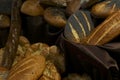 Many rolls of different breads in the bakery restaurant Royalty Free Stock Photo