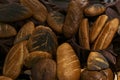 Many rolls of different breads in the bakery restaurant Royalty Free Stock Photo