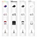 Rolls of fabric, tricolor, bicycle, French cafe, Eiffel Tower. France set collection icons in cartoon black monochrome