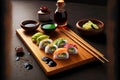 Rolls with fish rice shrimp in soy sauce sushi set