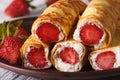 Rolls with fresh strawberries and cream cheese macro Royalty Free Stock Photo