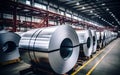 Rolls of galvanized steel sheet inside the factory or warehouse