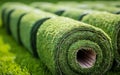 Rolls of green lawn grass on green grass background, close up. selective focus. Generative AI Royalty Free Stock Photo
