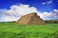 Rolls of hay stacked in a stack on the field against the blue sky Royalty Free Stock Photo