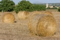Rolls of haystacks on the field. Summer farm scenery with haystack. Agriculture Concept
