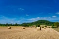 Rolls haystacks straw on field