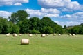 Rolls haystacks straw on field