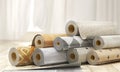 Rolls of linoleum with different texture