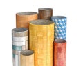 Rolls of linoleum in various colors, patterns, textures on a white background, Royalty Free Stock Photo