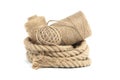 Rolls of natural jute rope and twine isolated on white Royalty Free Stock Photo