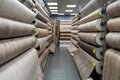 Rolls of new linoleum on the window of a hardware store. A large selection of linoleum