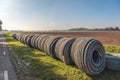 Rolls of new permeable pipes for the construction of a subsurface drainage system Royalty Free Stock Photo