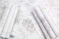 Paper architectural drawings and blueprint. Engineering blueprint Royalty Free Stock Photo