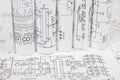 Rolls of paper electrical engineering drawings Royalty Free Stock Photo