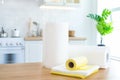 Rolls of paper towels, cleaning wipes and garbage bags on the table in the kitchen with sunlight Royalty Free Stock Photo