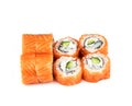 Rolls, Philadelphia sushi with cucumber on white background with avocado. Japanese food