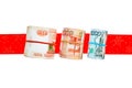 Rolls of russian banknotes with gift ribbon
