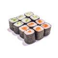 Rolls with salmon and rolls with cucumber. Syake Roru and Kappa Royalty Free Stock Photo