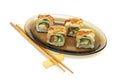 Rolls with smoked eel, salmon and avocado on white back Royalty Free Stock Photo