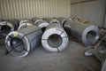 Rolls of steel sheet stored in warehouse; galvanized steel coil in the Duct Factory. Packed rolls of steel sheet, Cold rolled stee