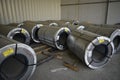 Rolls of steel sheet stored in warehouse; galvanized steel coil in the Duct Factory. Packed rolls of steel sheet, Cold rolled stee