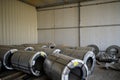 Rolls of steel sheet stored in warehouse; galvanized steel coil in the Duct Factory. Packed rolls of steel sheet, Cold rolled stee