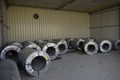 Rolls of steel sheet stored in warehouse; galvanized steel coil in the Duct Factory. Packed rolls of steel sheet, Cold rolled stee Royalty Free Stock Photo