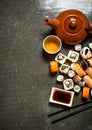 The rolls and sushi with herbal tea. Royalty Free Stock Photo