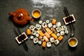 The rolls and sushi with herbal tea. Royalty Free Stock Photo