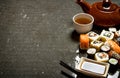 The rolls and sushi with herbal tea. Royalty Free Stock Photo