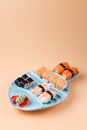 Rolls and sushi on a plate in the form of fish Royalty Free Stock Photo