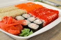 Rolls, sushi set in plastic packaging, close up. Royalty Free Stock Photo