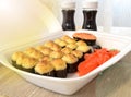 Rolls, sushi set in plastic packaging, close up Royalty Free Stock Photo