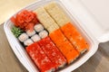 Rolls, sushi set in plastic packaging, close up Royalty Free Stock Photo