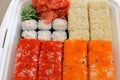 Rolls, sushi set in plastic packaging, close up Royalty Free Stock Photo