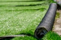 Rolls of synthetic artificial turf at the European football stadium Royalty Free Stock Photo