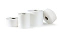 Rolls of toilet paper and paper towels isolated on white Royalty Free Stock Photo
