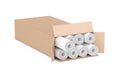 Rolls of Wallpaper in Cartboard Box. 3d Rendering Royalty Free Stock Photo