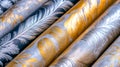 Rolls of wallpaper showing soft feather patterns in gold and silver colors Royalty Free Stock Photo