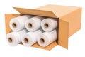 Rolls of wrapping plastic stretch films in cardboard box, 3D rendering Royalty Free Stock Photo