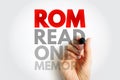 ROM READ ONLY MEMORY text written with a hand and marker, representing computer hardware, permanent data storage, and electronic Royalty Free Stock Photo